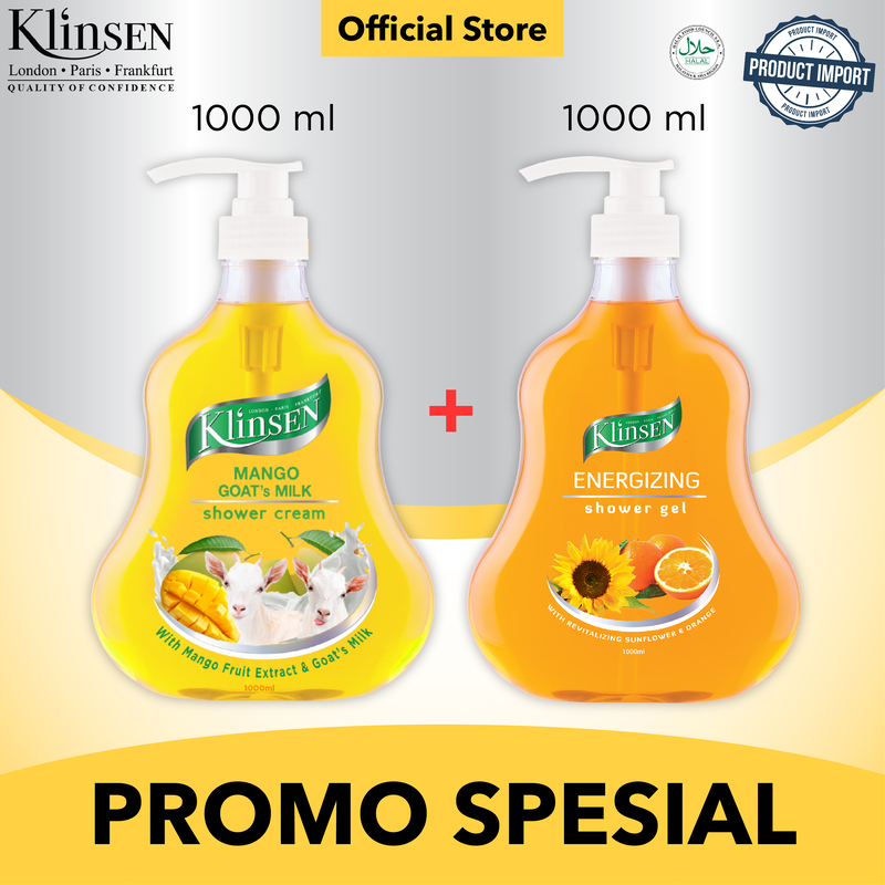 Paket Sabun Mandi Cair Klinsen Mango Goat's Milk 1000 ml + Sabun Mandi Cair Klinsen Energizing 1000 