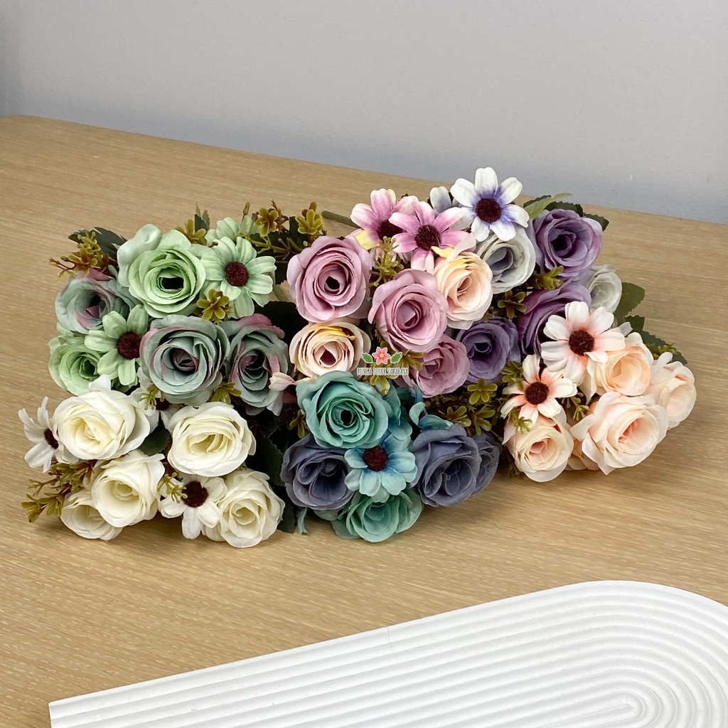 Bunga Selestia Cabang 5 Rose artificial Imitasi kain untuk Hiasan dekorasi  kamar, cafe, rumah dan d