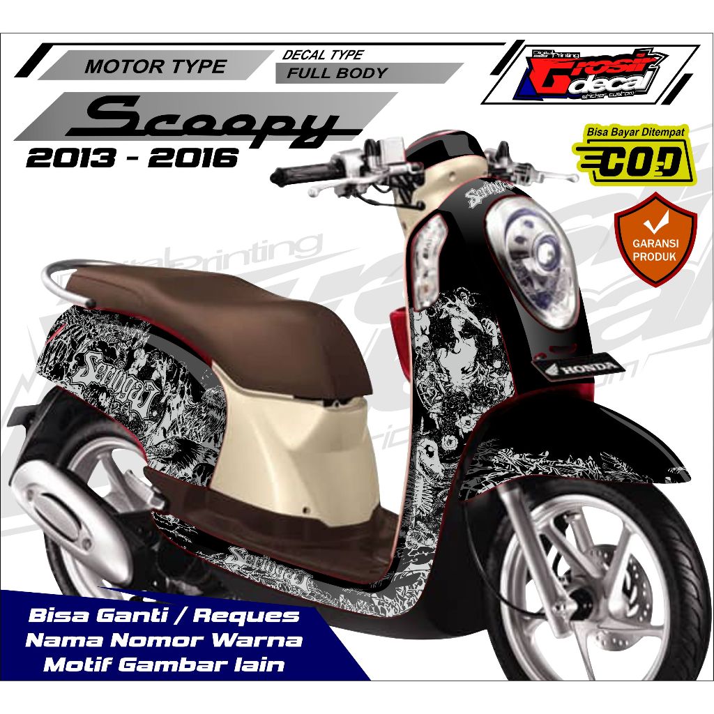 Stiker Decal Stiker Scoopy 2013 - 2016 Hitam Keren Full Body Fullblok Free Custom