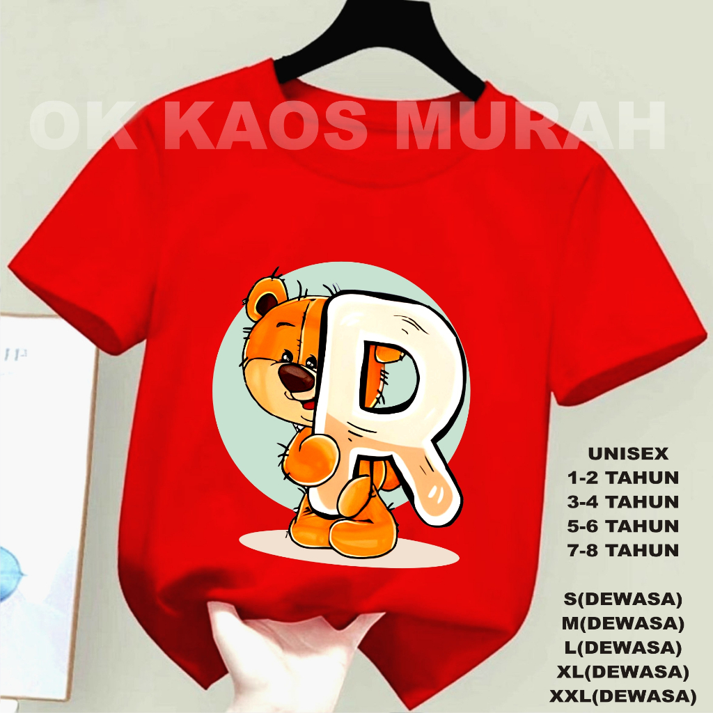 TELLY KAOS DISTRO ATASAN INISIAL NAMA BEAR R DTF, KAOS OBLONG LENGAN PENDEK