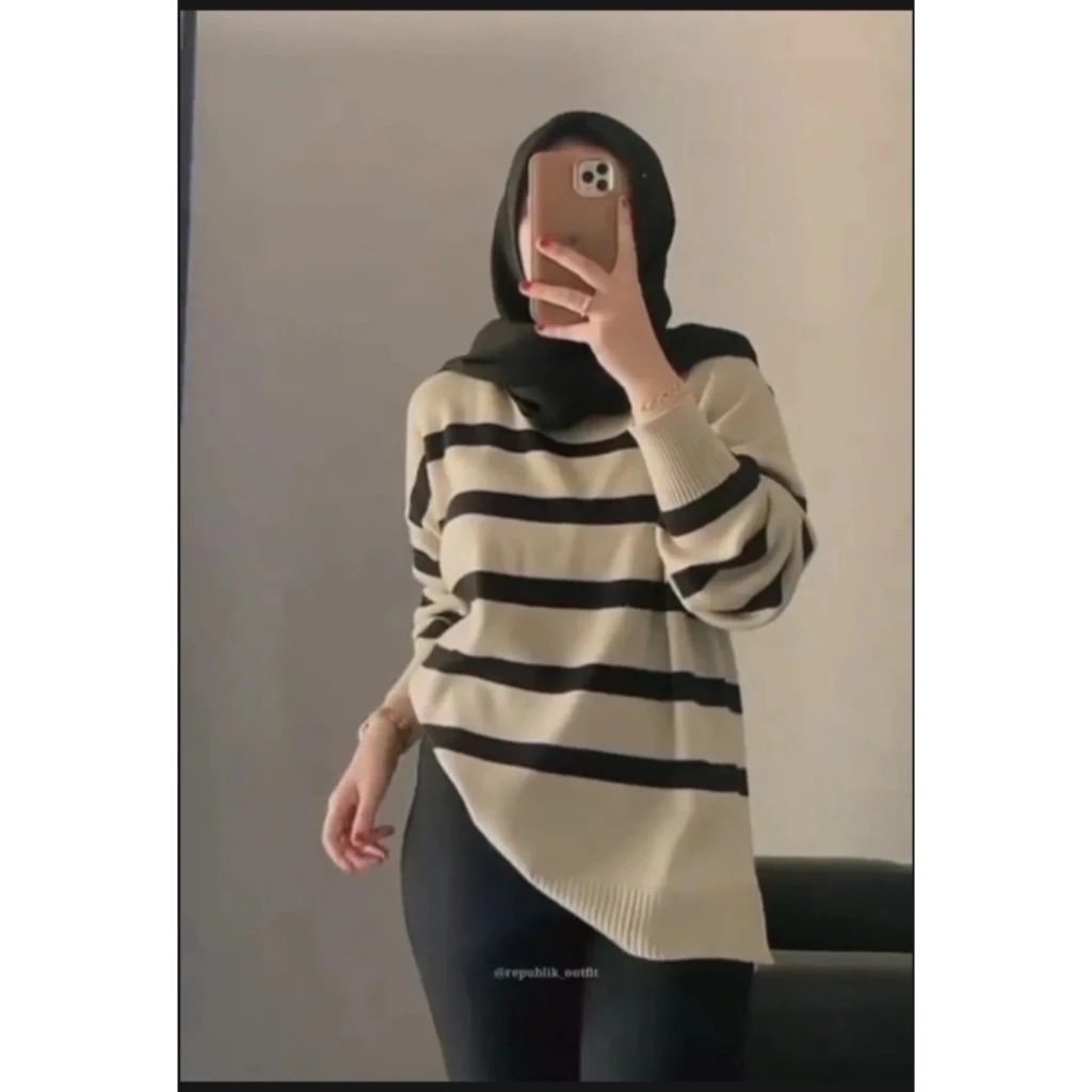 Sweater Wanita Oversize Motif Setrip Bahan Rajutan Maudy Knitewear Atasan Muslimah Lengan Panjang