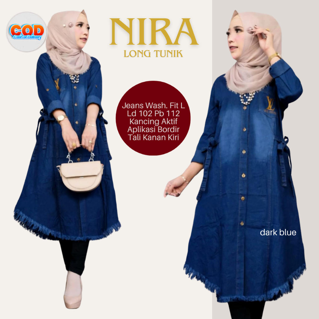Nira Tunik Jeans Fashion Wanita Fit XXL Rawis Aplikasi Bordir Lengan Panjang Berkerah Tali Samping K