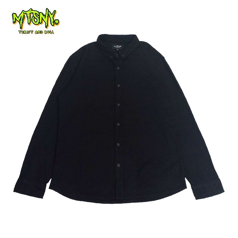 Kemeja Kaos Kerah Shirt Livehaf Basic Polos Body Fit Kasual Hitam Lengan Panjang
