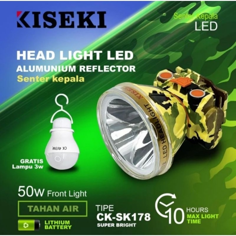 Kiseki Senter Kepala CK-SK178 doreng 50w Head light tahan air baterai lithium. Headlight mirip dony