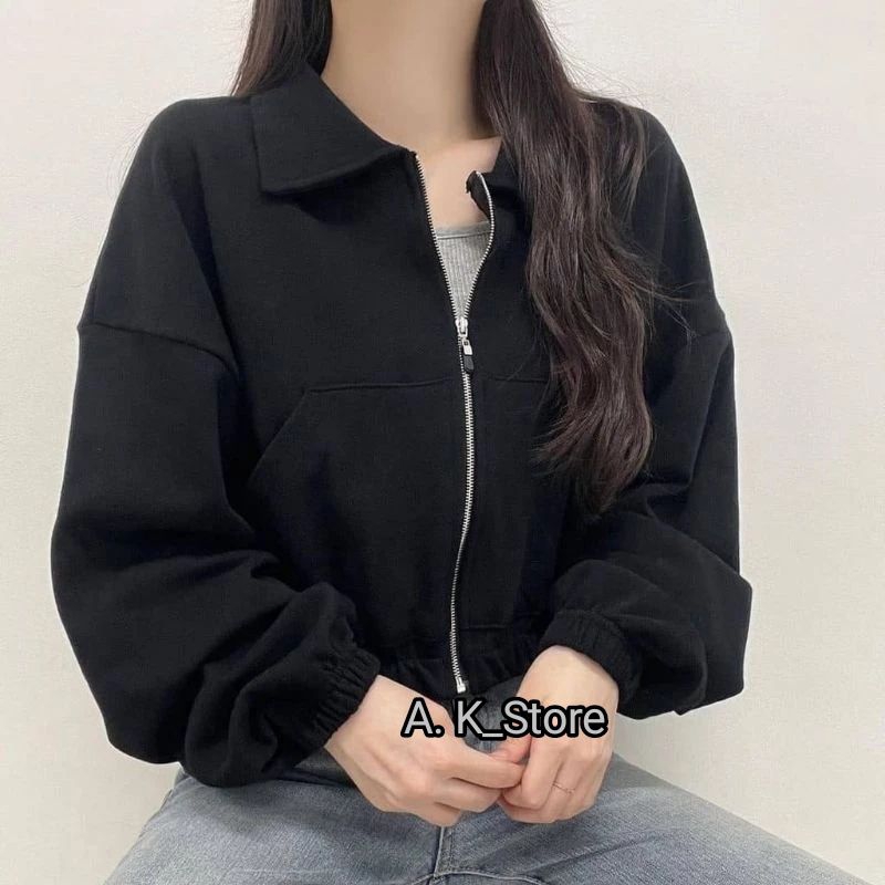 Jaket Crop Resleting Oversize | Jaket Crop Wanita Korean Style | Jaket Crop Hoodie Wanita