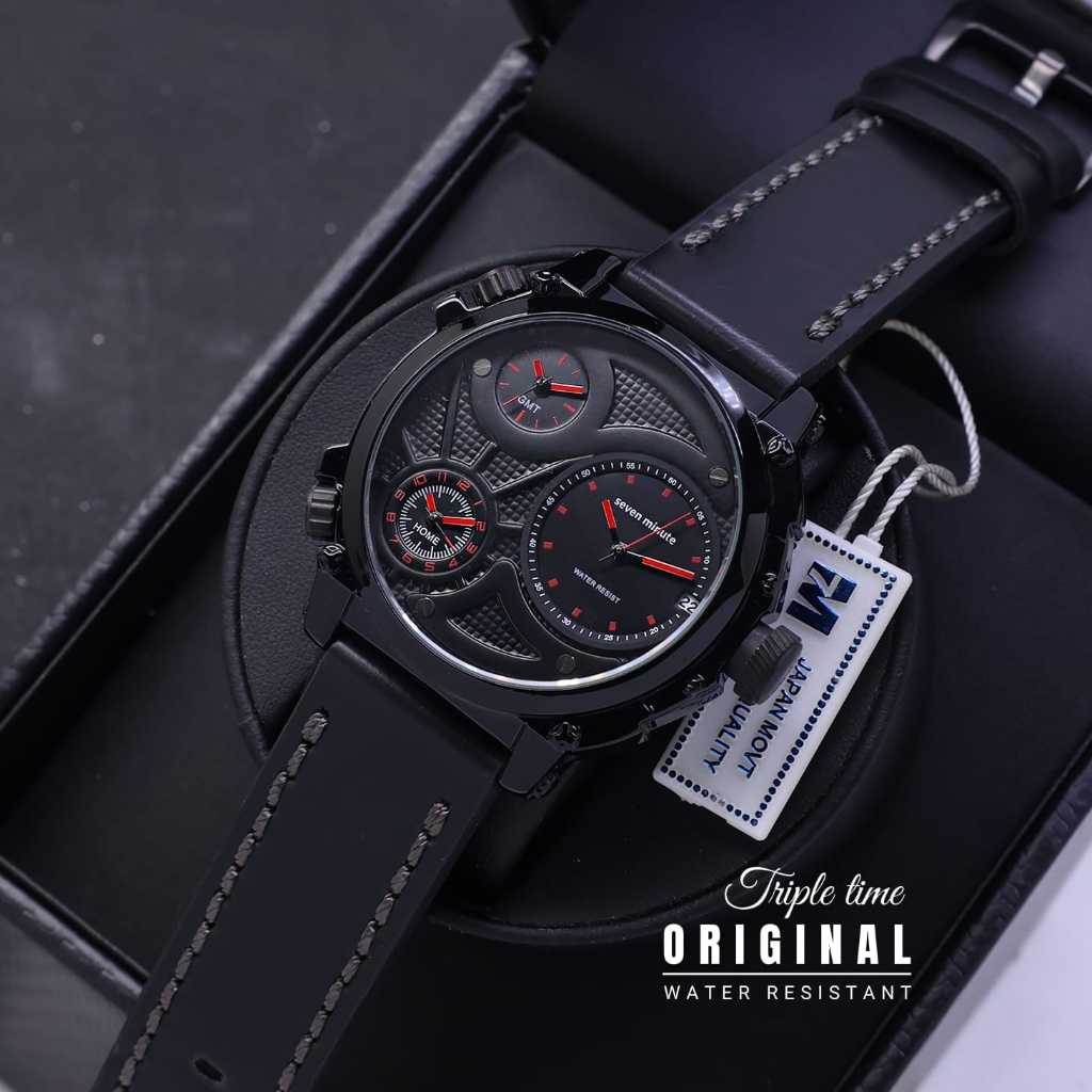 Jam Tangan Pria Seven Minute-Original Triple Time Tali Kulit Ori Tanggal Aktif Box Exclusive