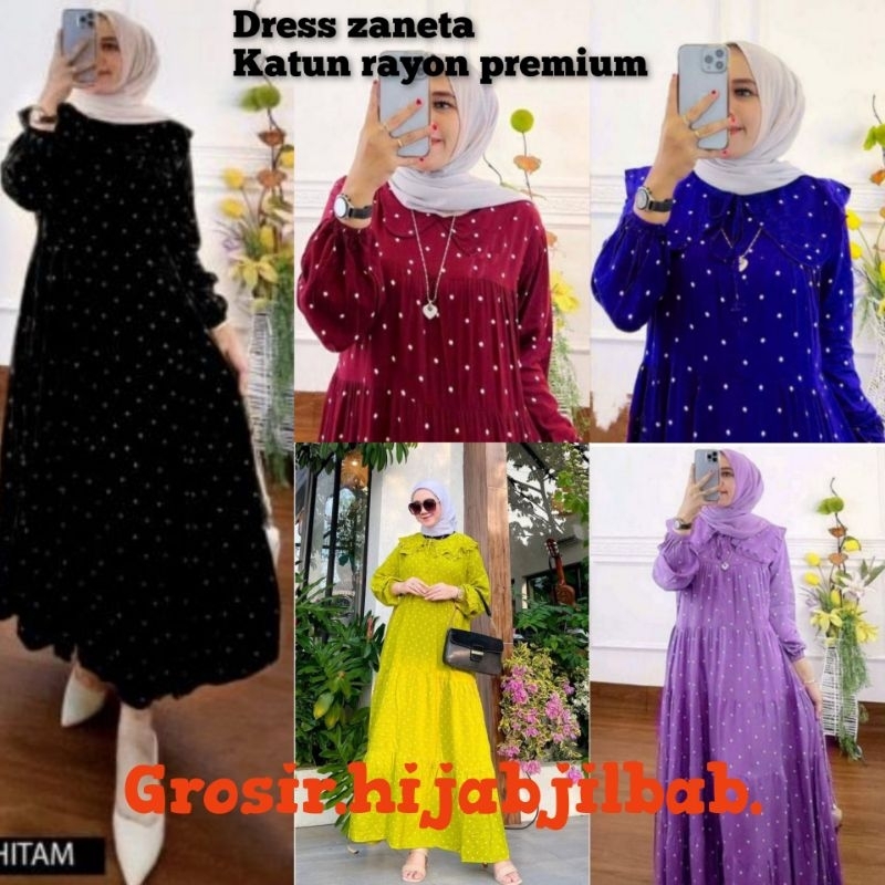 Dress zaneta polka//gamis rayon premium//busui resleting//kerah rempel