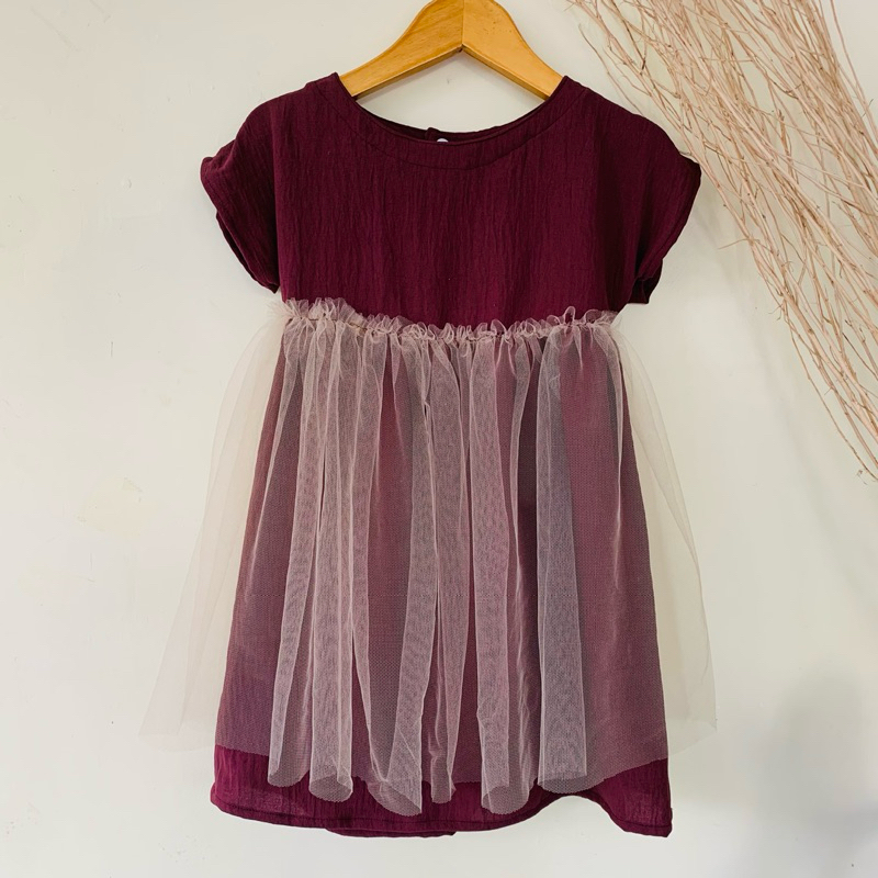 Nora dress anak tutu burgundy size 2-3 thn