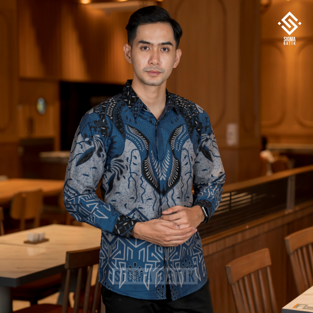 GALAN Kemeja Batik Pria Lengan Panjang Biru Hitam Lapis Furing