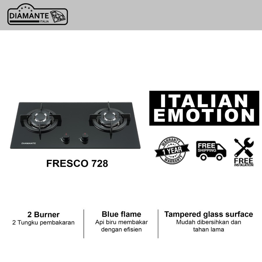 Kompor Gas 2 tungku kaca Kompor Gas Kaca Tanam DIAMANTE FRESCO 728