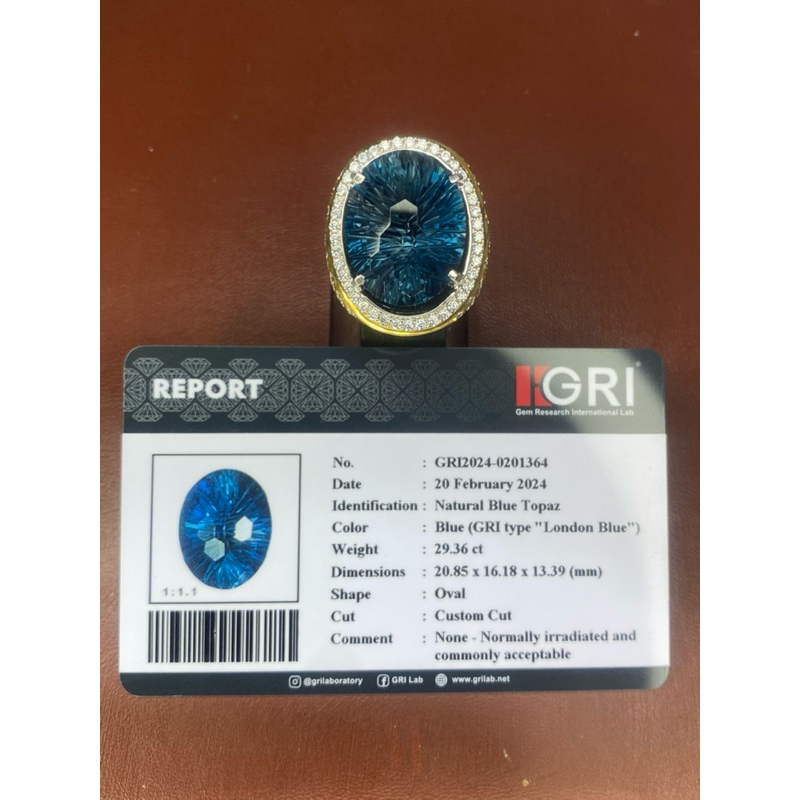 NATURAL LONDON BLUE TOPAZ IRR CUTTING CUSTOME RING PERAK MEMO GRI