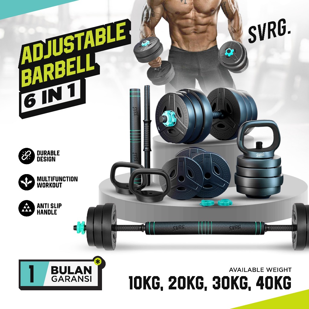 Svarga Adjustable Barbell 6 in 1 - Dumbbell - Kettlebell - Barbel 30kg