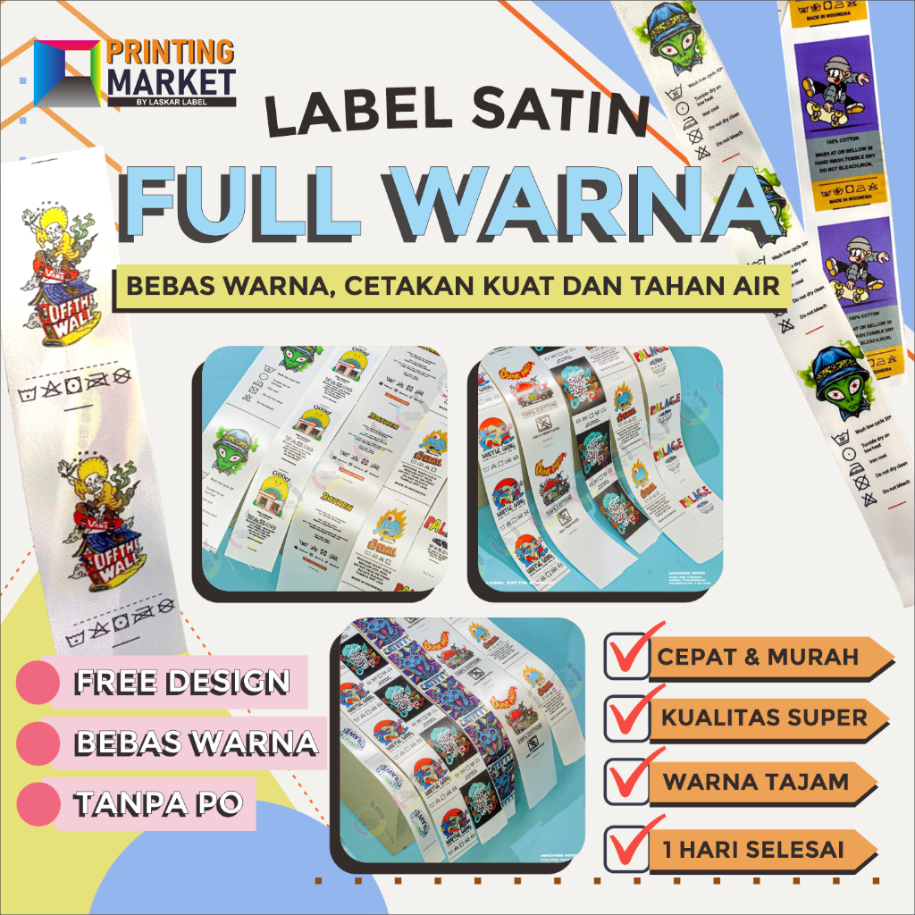 

label satin warna tebal custom printing lebel tag baju nama sendiri washing care wash taffeta merek