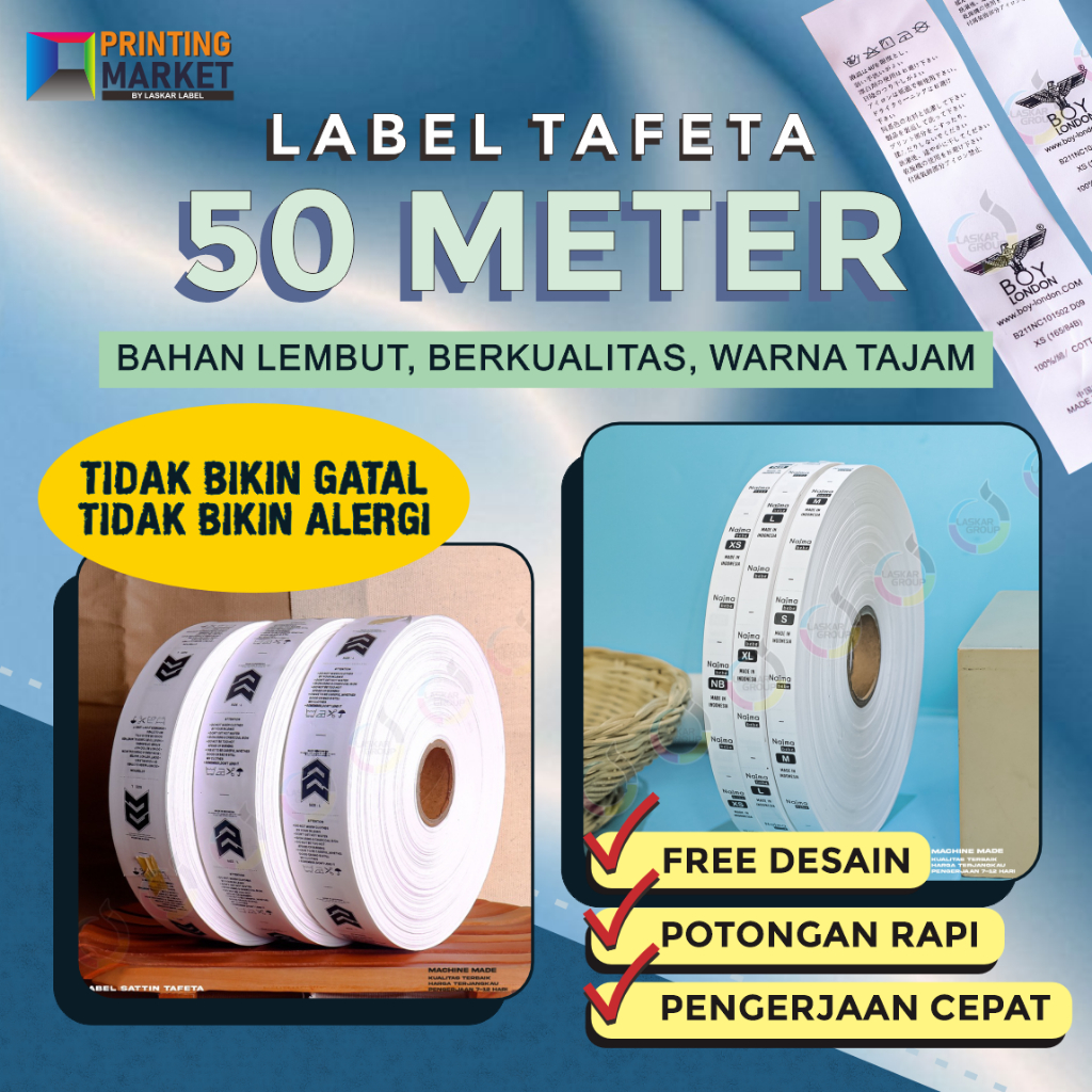 

LABEL TAFETA 50 METER NYLON PITA NYLON TAFETA WASHING INTRUCTION LABEL SLIP LABEL BAJU CAP MEREK