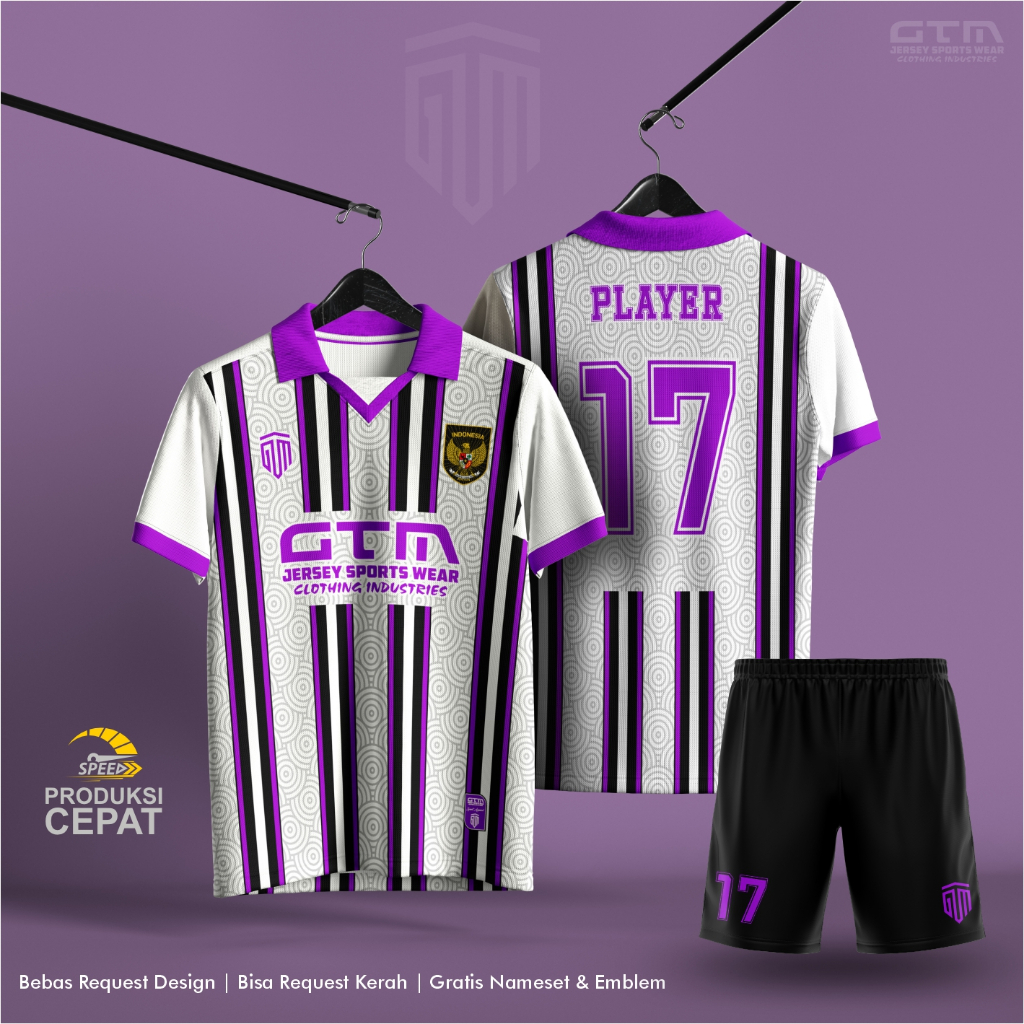 JERSEY BOLA FUTSAL PUTIH UNGU KERAH RETRO TERBARU ~ FREE CUSTOM DESIGN