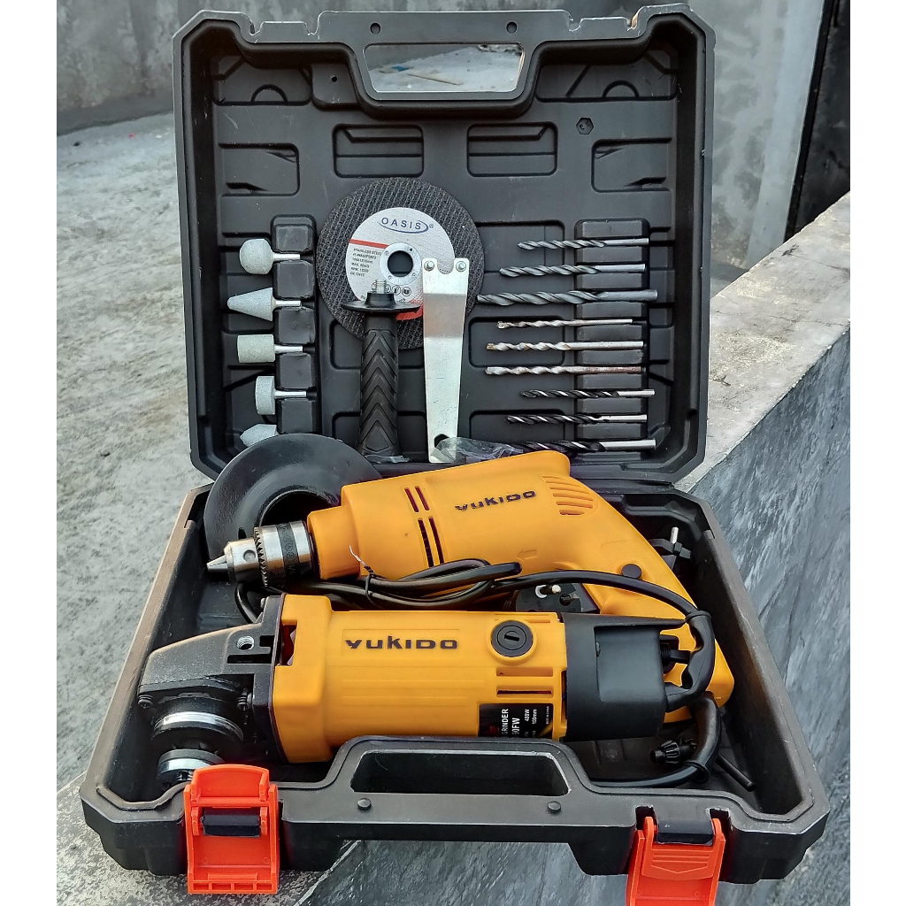 PAKET 2 ITEM  MESIN GERINDA LISTRIK 4 INCH YUKIDO FULL TEMBAGA SET MATA + MESIN BOR 10MM BOLAK BALIK