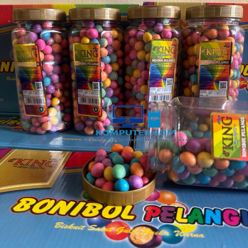 

1 Kotak D'KING Bonibol Pelangi Biskuit Salut Cokelat Bentuk Bola Mini 250Gram dapat 4 Toples