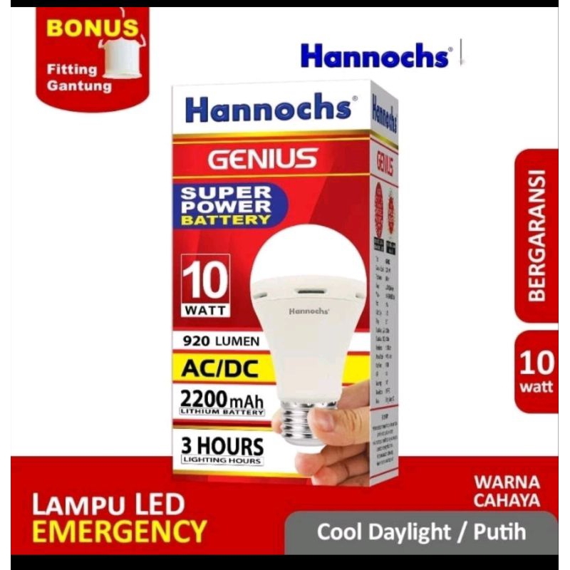 BOLA LAMPU EMERGENCY HANNOCH GENIUS LAMPU LED 10 WATT AC/DC