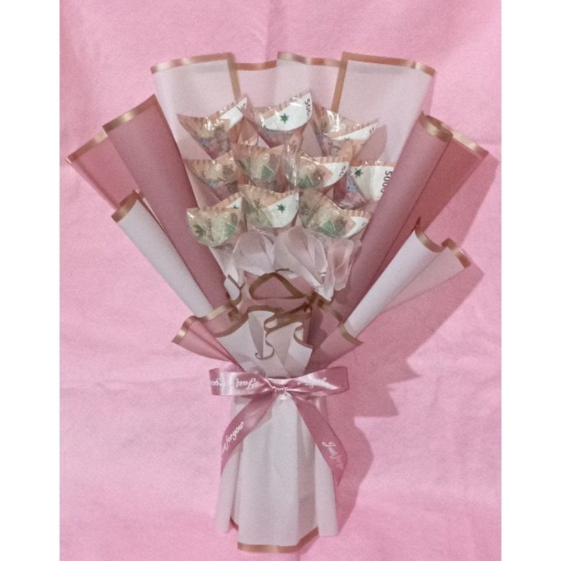 buket bunga uang, snack, boneka dan bunga