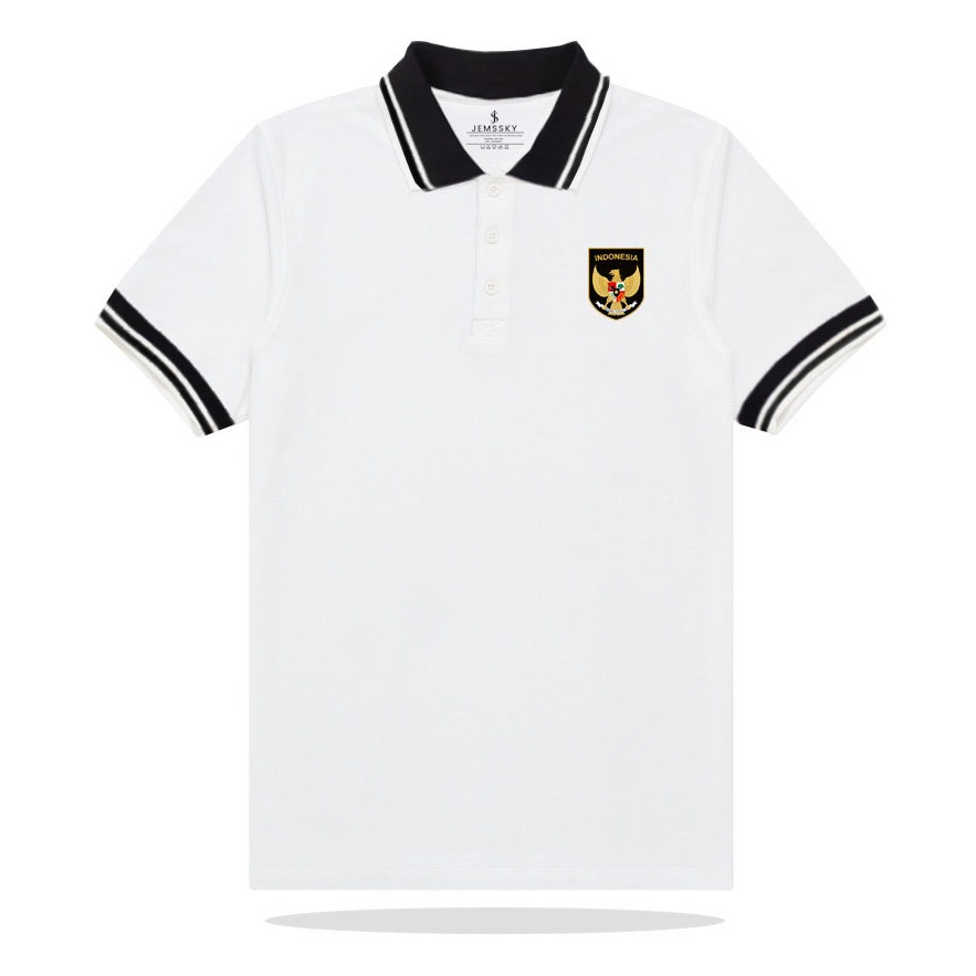Jemssky - Polo Shirt Putih Kombinasi Hitam Print Timnas Garuda Terkeren Baju Kerah Brand Quality