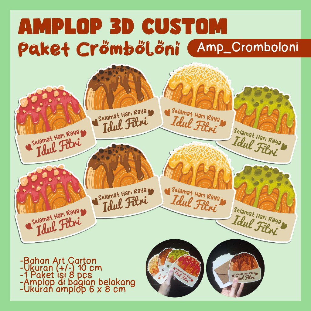 

Amplop 3D CUSTOM DESAIN - Tema Katalog CROMBOLONI KUE KERING KUKER - 1 paket isi 8 pcs