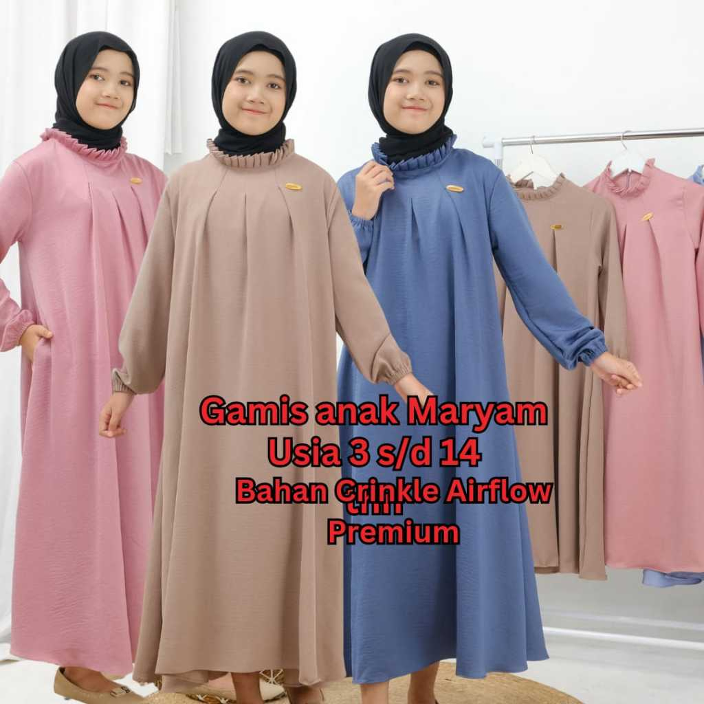 Gamis anak perempuan bahan crinkle airflow usia 3 s/d 14 tahun banyak warna