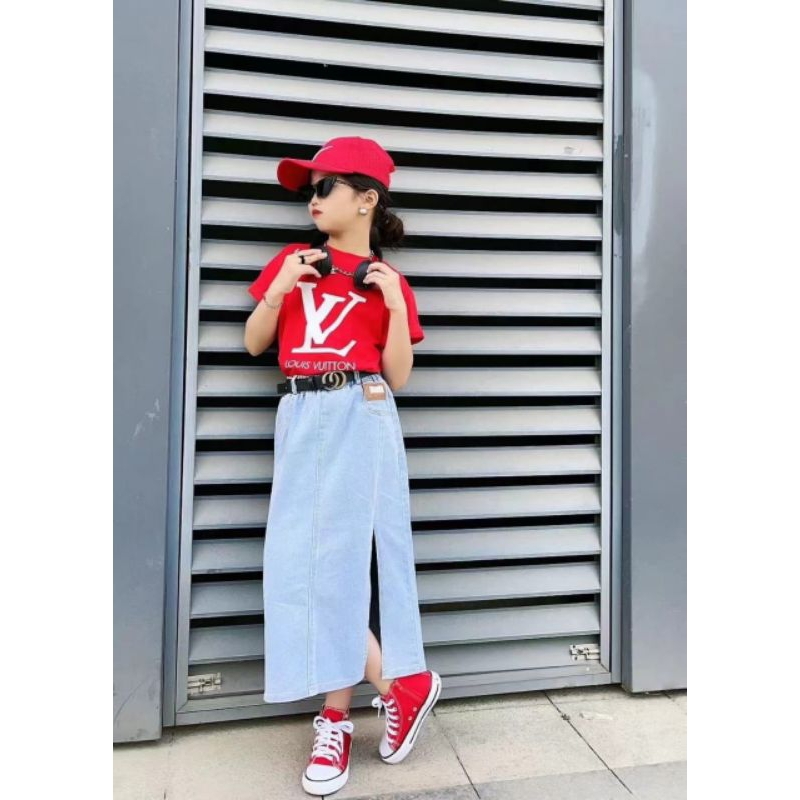 BAJU ANAK PEREMPUAN SETELAN ROK KARGO  SETROK JEANS BELAH DEPAN ATASAN SERUT LENGAN PENDEK KAOS KURO