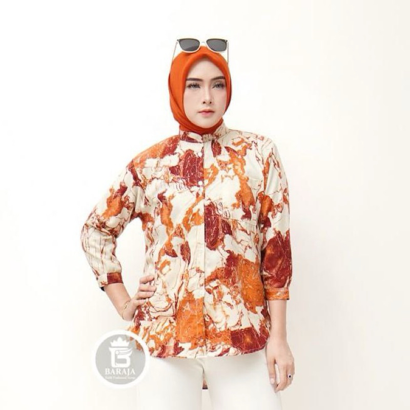 Baju Atasan bluse Abstrak Caramel Wanita Standar | Blose Bunga Motif Flower Lengan Floral Kekinian I