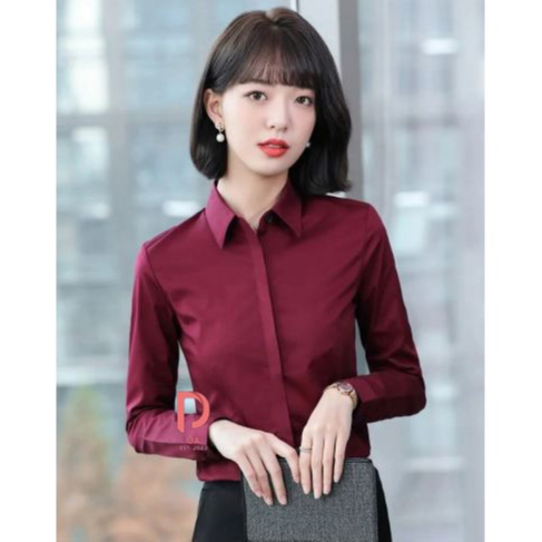 Kemeja Polos Basic Merah Marun Baju Kantor Wanita Formal Lengan Panjang Real Pict