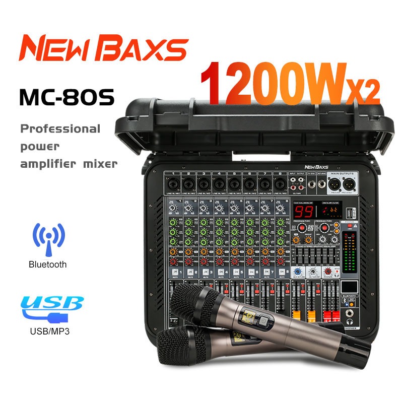 NEW BAXS MC80/MC80S audio mixer equalizer power amplifier built-in Eq 16 DSP 8-channel 1200W dual-channel UHF floating microphone support Bluetooth/MP3/USB playback equipment box accessory Motorized