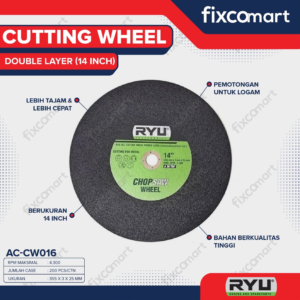 Ryu Chop Saw Wheel Double Layer / Ryu Mata Potong Besi 14 Inch