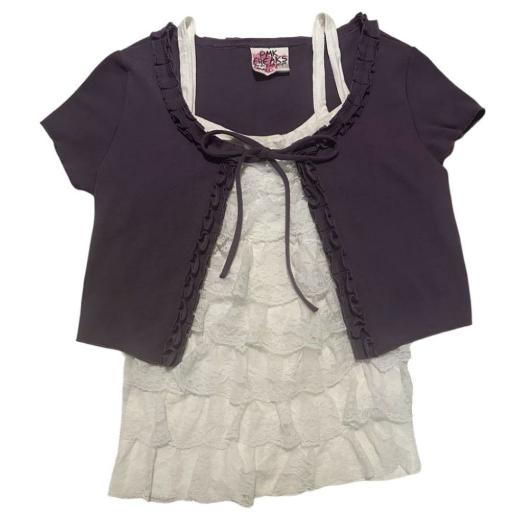 One Set Ruffle Front Tie Cardigan | Osmose tiered lace tanktop rampel rafel umpak susun coquette lol