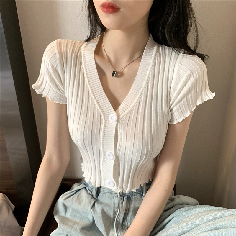 Knit korean knit top V-neck button crop top import bahan rajut knit korea crop