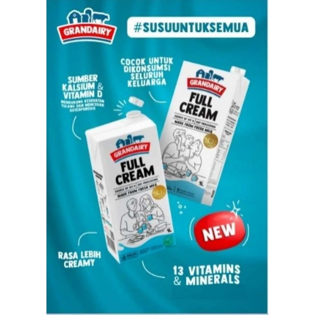 

GRANDAIRY UHT FULL CREAM 1000ML X 1 PCS, COCOK U/ CAMPURAN MINUMAN
