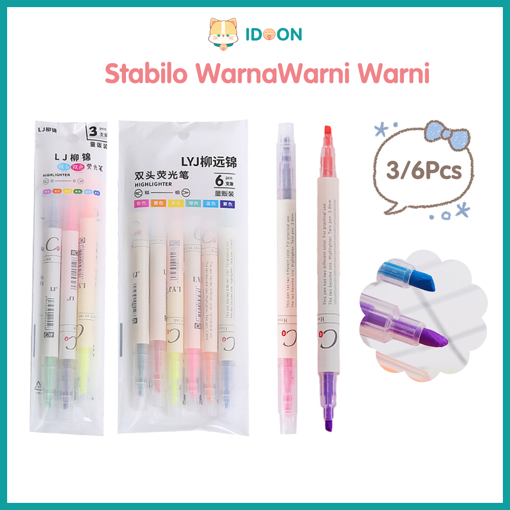 

IDOON 6pcs/Set Stabilo Panjang 6 Warna 2 Arah / Highlighter Warna Warni / Stabilo Warna Warni/ Alat Tulis Kantor