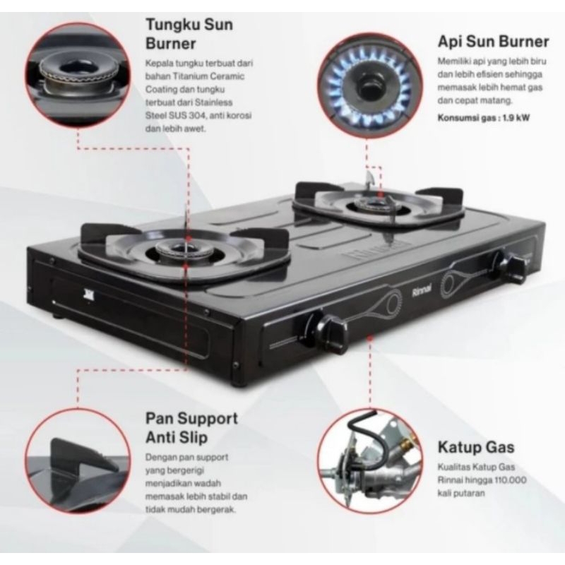 KOMPOR GAS 2 TUNGKU RINNAI 202S / KOMPOR RINNAI 2 TUNGKU / KOMPOR RINAI/ RINNAI