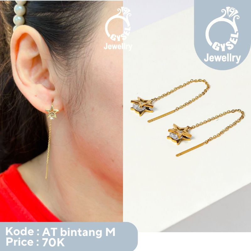 AT Bintang M - Anting Titanium Korea Panjang Bintang Mata Gold