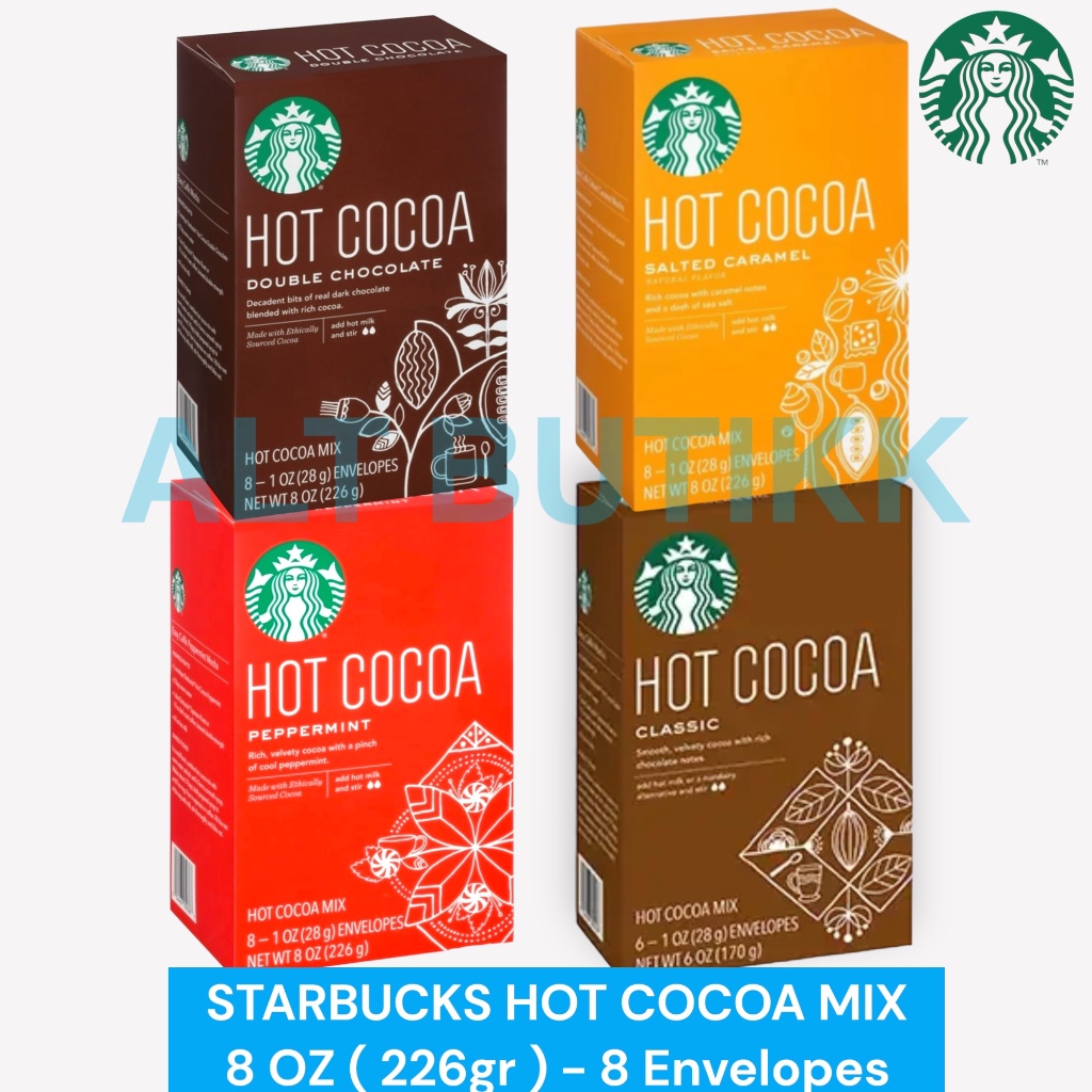 

STARBUCKS HOT COCOA MIX BOX 8 OZ | CLASSIC | DOUBLE CHOCOLATE | PEPPERMINT | SALTED CARAMEL 226 GR