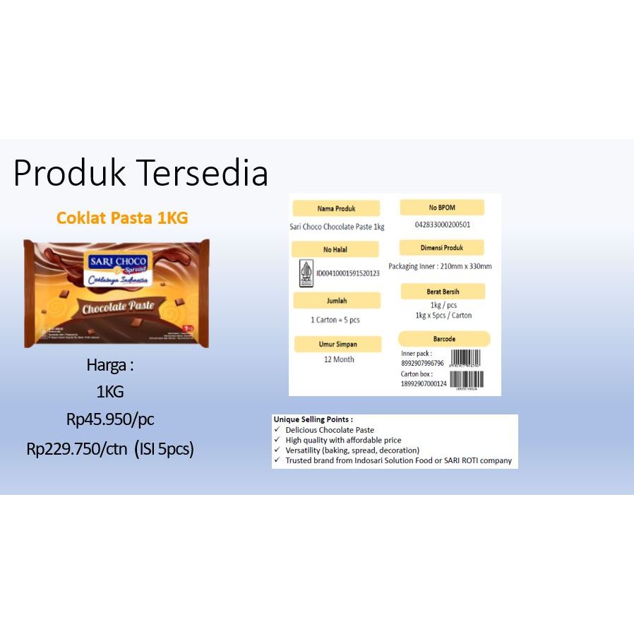 

Sari Roti Sari Choco Spread Paste 1KG/Selai Cokelat MURAH HALAL