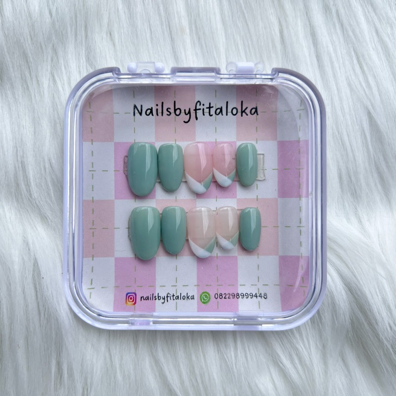 press on nails sage green / fake nails handmade / nail art simpel / kuku palsu handmade