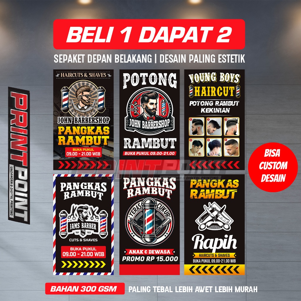 (BELI 1 DAPAT 2) Spanduk Banner Berdiri Plang Pangkas Rambut Barbershop TUKANG CUKUR Depan Belakang 