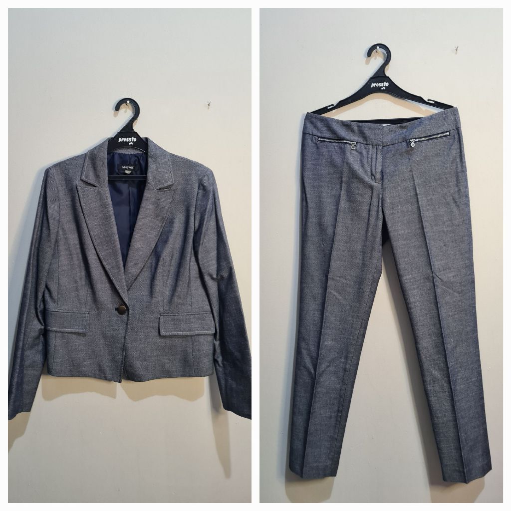 Nine West Set Blue Grey Stripes Blazer Coat Outer Outwear Long Pants Woman Atasan Biru Abu Pola Gari