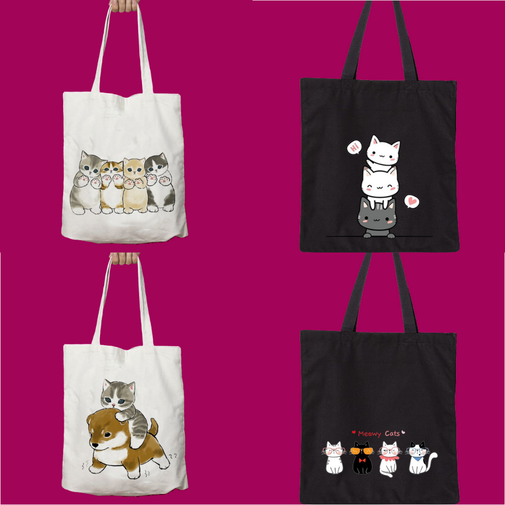 Totebag Tote Bag Motif Cat kucing Lucu Kanvas Korea Tas Goodie Bag Ulang Tahun Anak Cute