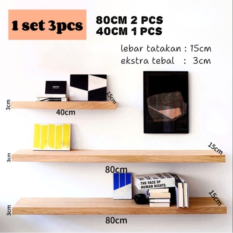 Ambalan 1 set 3 pcs 80cm + 80cm + 40cm | ambalan kayu asli | ambalan kayu aesthetic | floating shelf