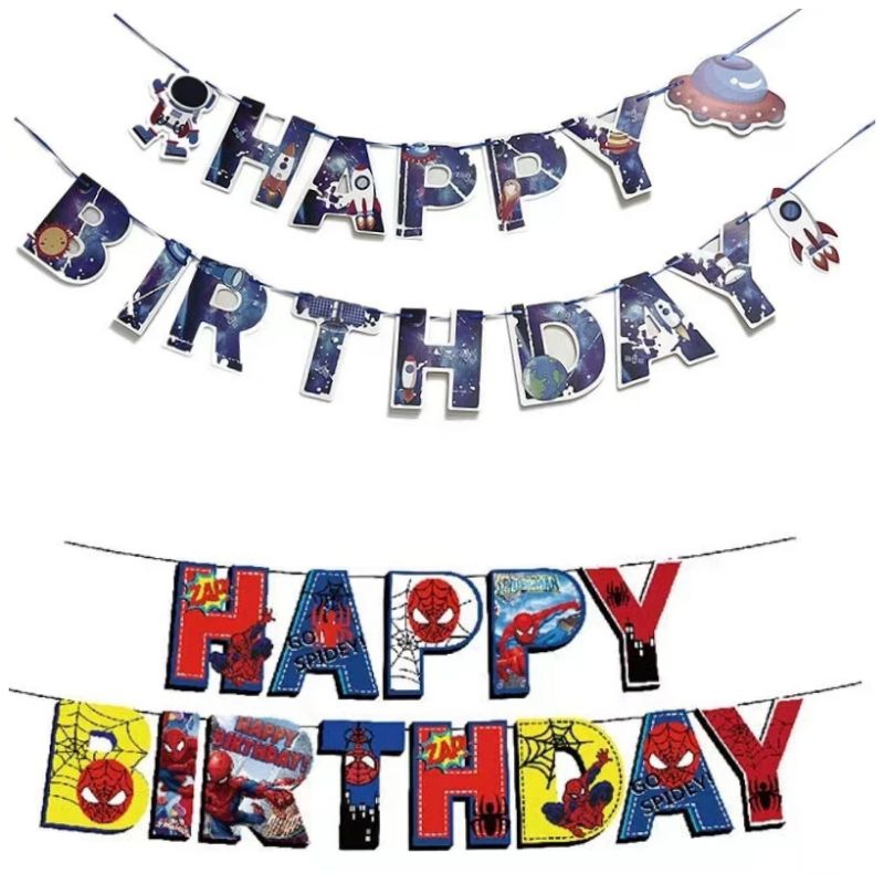 Banner happy birthday karakter astronot banner happy birthday spiderman bunting flag happy birthday 