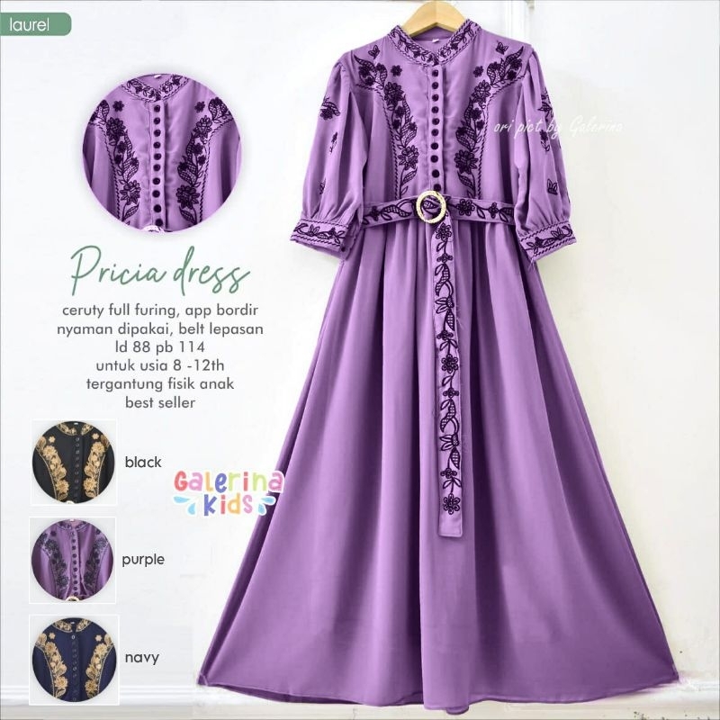 GAMIS ANAK | PRICIA - HALONA - KIKAN | GAMIS CERUTY MIX BORDIR FIT 8-13THN LD 88 PJ 114-116 by GALER