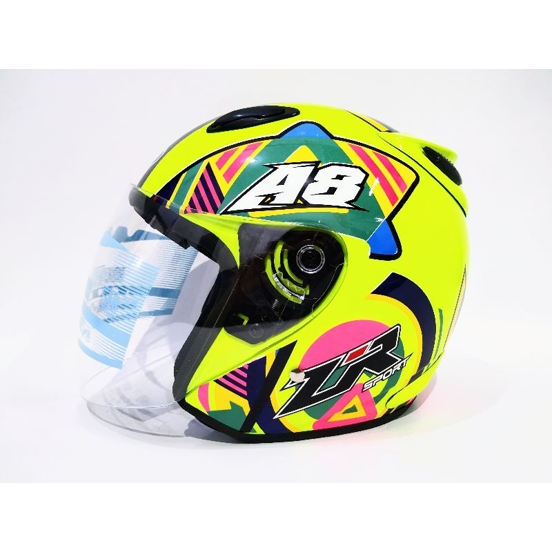 HELM ARL CENTRO  MOTIF A8  PIGMENT FLO KUNING HALF FACE SINGLE VISOR SNI DEWASA.