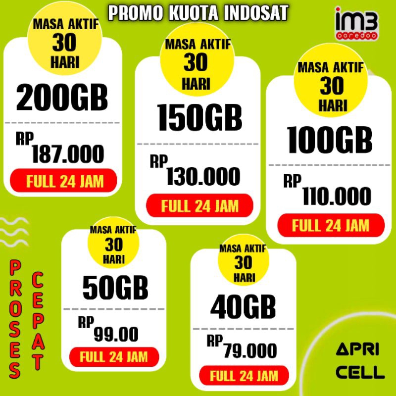 NEW Kuota Indosat 200gb 100gb 50gb Full 24 Jam(BISA SEMUA NOMOR)