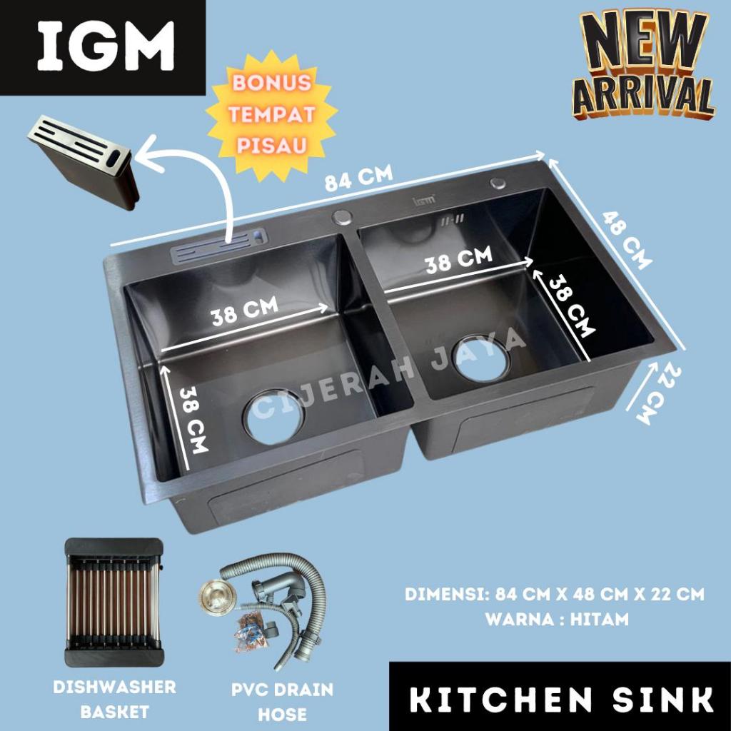 KITCHEN SINK MINIMALIS HITAM 2 LUBANG / BAK CUCI PIRING IGM BLACK PREMIUM HANDMADE STAINLESS SUS 304