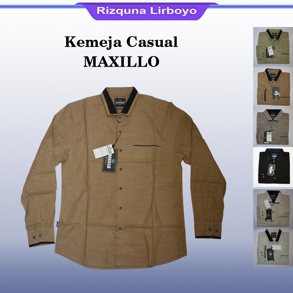 Kemeja Kasual Pria  Polos Lengan Panjang Kombinasi MAXILLO Katun Linen Original